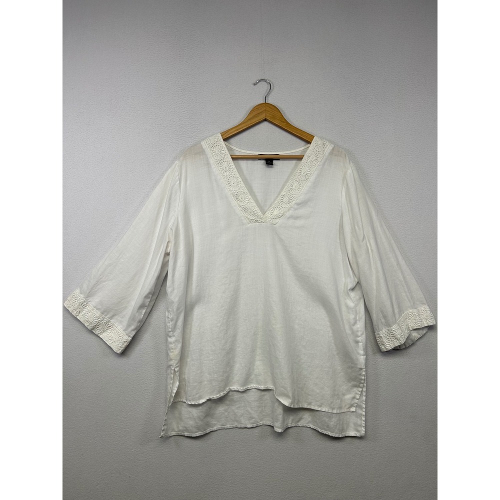 Boho Coastal August Silk Womens XL White 100% Linen Crochet Trim V-Neck Blouse